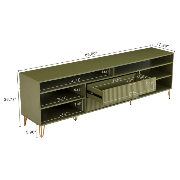 English Elm Dumbo 85" Fluted TV Stand with Gold Legs, 2 Drawers & 6 Shelves, Wire Management, Easy Snap Assembly Olive Green B365P397927
