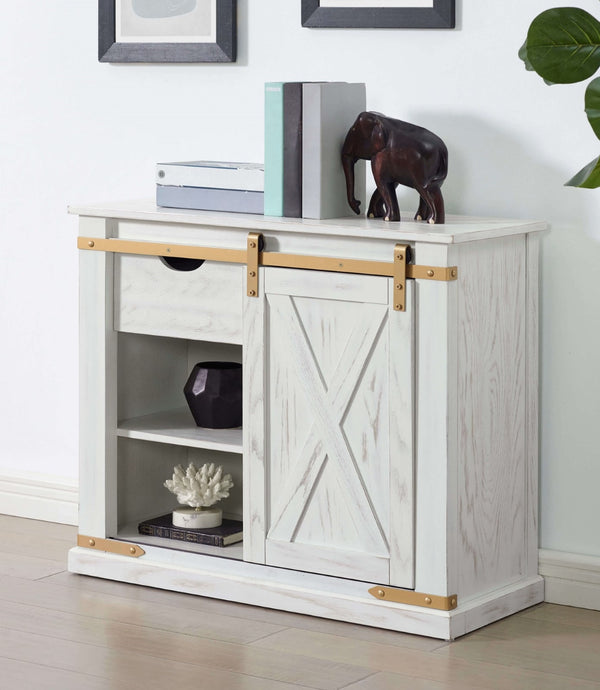 English Elm Rustic Glam Barnwood Coffee Table with Dual-Sided Center Drawer, Open Shelves & Metal Trim Accents Antique White,Gold 39 L x 18 W x 33 H B2741P320886