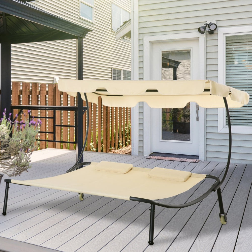 English Elm Outsunny Double Chaise Lounge Chair - Stylish Outdoor Daybed With Adjustable Canopy & Wheels W2225P217764-GIGA