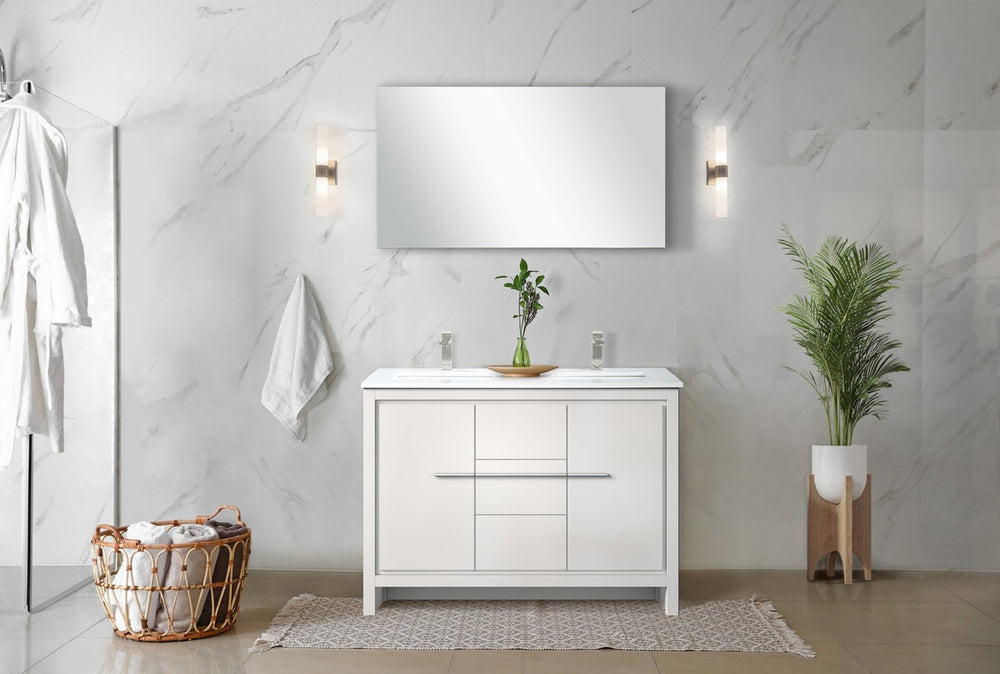English Elm White Double-Sink Vanity Set With White Quartz Top, Brushed Nickel Faucets & Matching 43" Mirror B2731S01714-GIGA