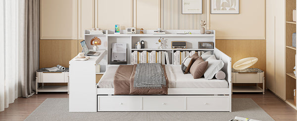 English Elm Full Size Wooden Daybed With Integrated Desk, Usb Ports, 3 Drawers & Modern White Finish N820S00018K