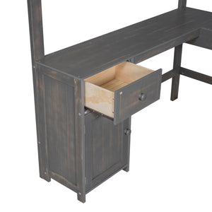 English Elm Full Loft Bed with U-Shaped Workstation, Built-In Drawers, Shelves & Cabinet for Space Saving Antique brown GX001039AAD