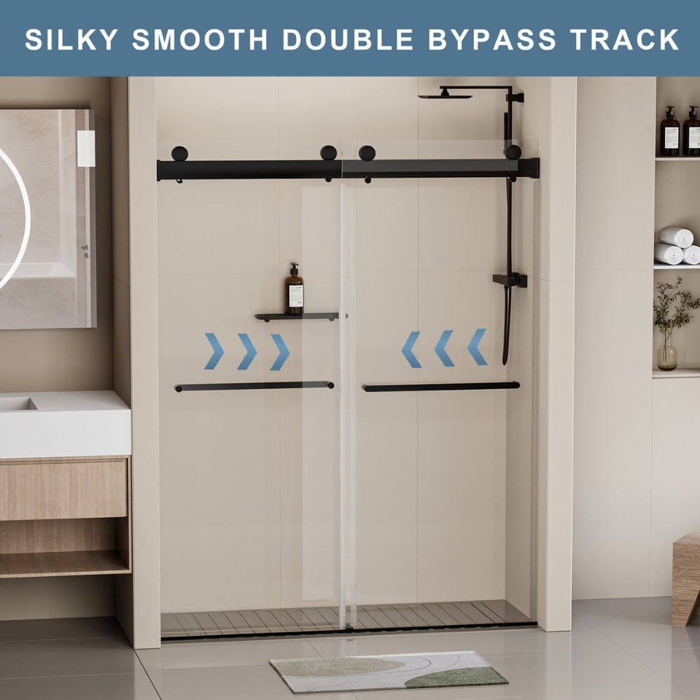 English Elm 44-48 in Frameless Double Sliding Shower Door Clear Tempered Glass Matte Black Hardware W1920P181714