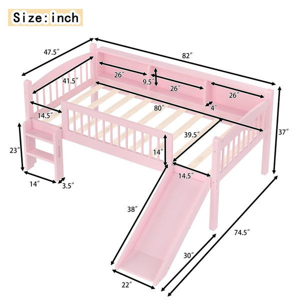 English Elm Twin Xl Solid Pine Loft Bed with Built-in Led Lighting and Storage Shelves Pink W1580S00365