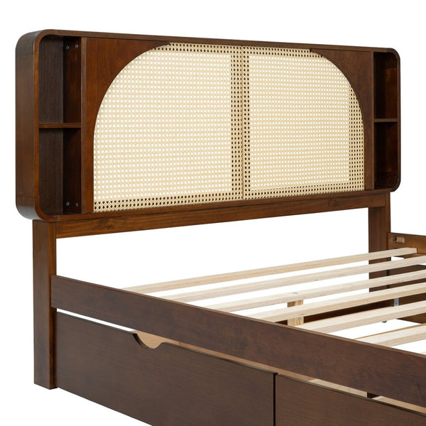 English Elm Queen Size Rattan Headboard Bed With Trundle, Drawers & Elegant Walnut Finish For Versatile Style N820S00013D-GIGA