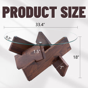 English Elm Round glass coffee table with tempered clear top, walnut MDF legs, adjustable anti-slip feet, modern centerpiece W1151P230572