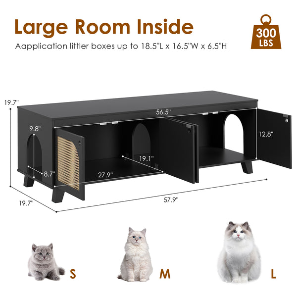 English Elm Double Hidden Cat Litter Box Enclosure with Rattan Doors, Two Spacious Compartments, Odor Control Stand Black T3623P380857