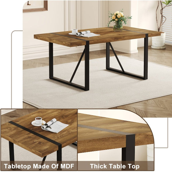 English Elm Rustic Industrial Wood Dining Table Seats Six with Powder Coated Black Metal Legs W1151P176379