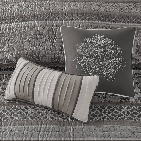 English Elm 6-Piece Jacquard Quilt Set Full/Queen with Plush Brushed Backing, Decorative Pillows, Grey Elegance Multicolor 15.35 L x 17.72 W x 10.63 H B035P408227