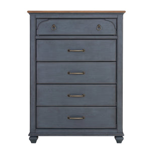 English Elm 5-Drawer Coastal Chest in Corduroy Blue Finish with Felt-Lined Top Drawer & Antique Pewter Hardware B108P193085