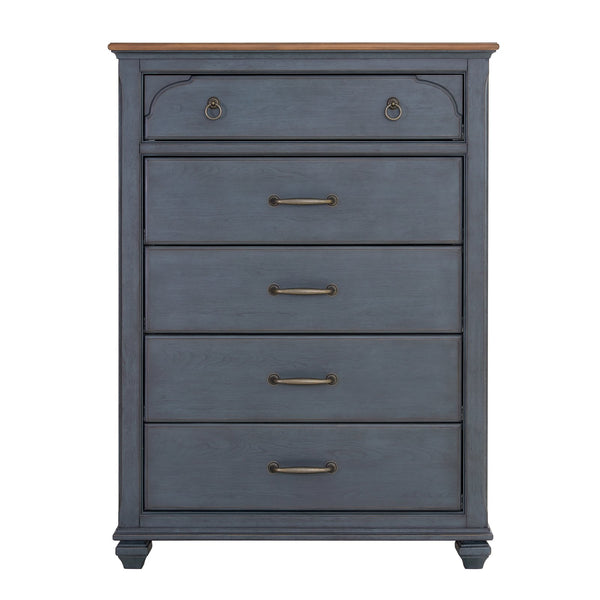English Elm 5-Drawer Coastal Chest in Corduroy Blue Finish with Felt-Lined Top Drawer & Antique Pewter Hardware B108P193085