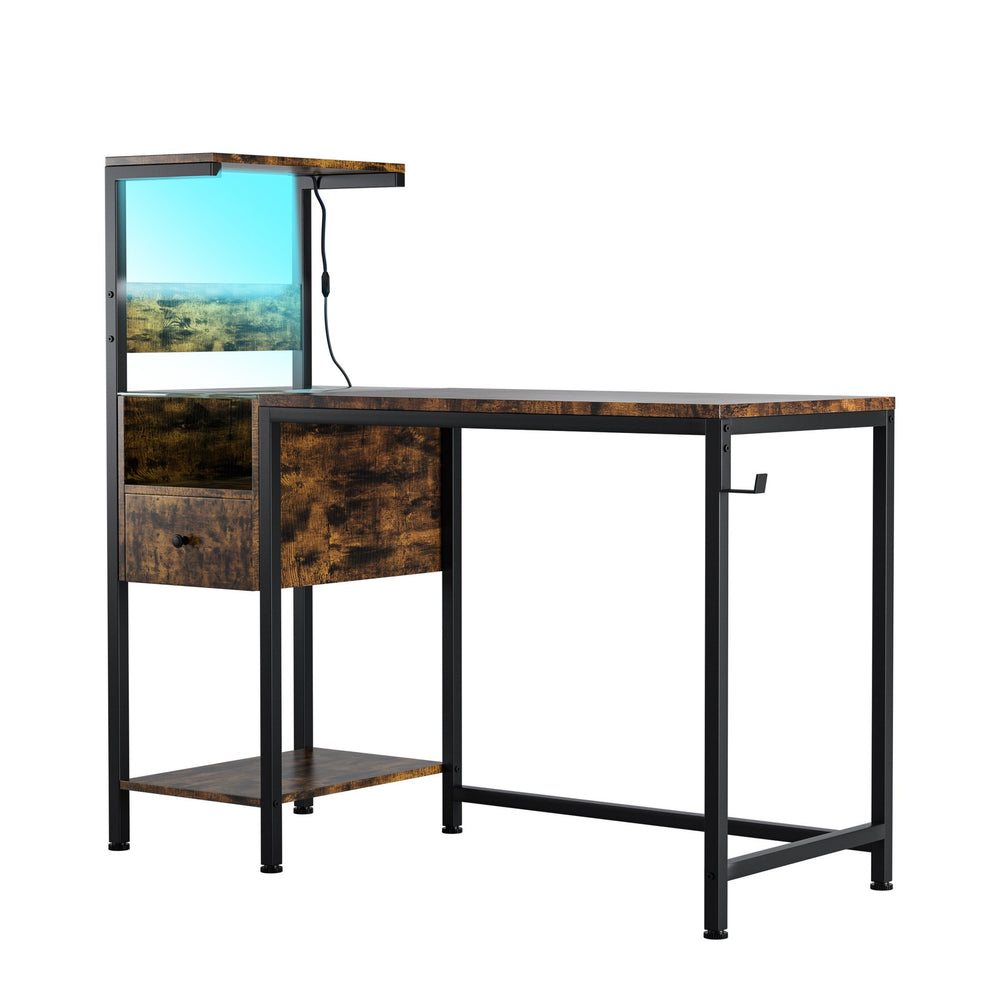 English Elm Computer Gaming Desk with RGB LED Lights, Reversible 4-Tier Shelves, Drawer & Headphone Hook, Space-Saving Workstation Brown W578P191951