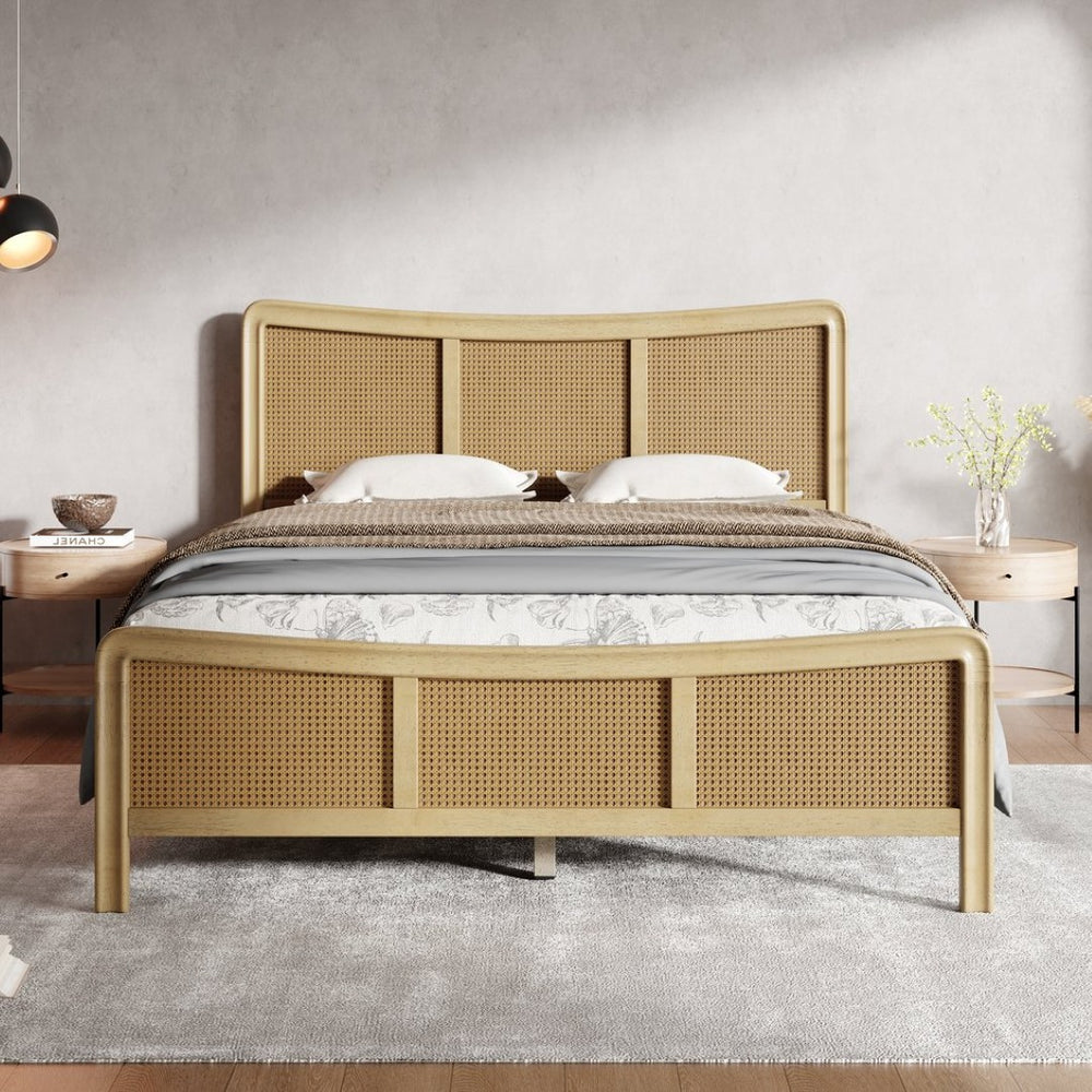 English Elm Curved Rattan King Bed Solid Wood Frame Antique White Bohemian Bedroom Design N758P390779N