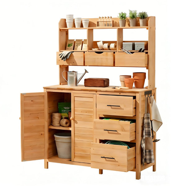 English Elm (with Hutch) Topamx Solid Fir Potting Bench Patio Workstation Spice Rack Drawer Natural Wood N717P404331A