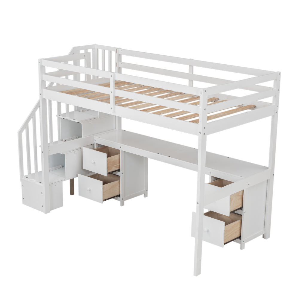 English Elm Twin Loft Bed with Built-In Desk and Double Storage Drawers, Pine & MDF Frame for Small Rooms White GX000382AAK