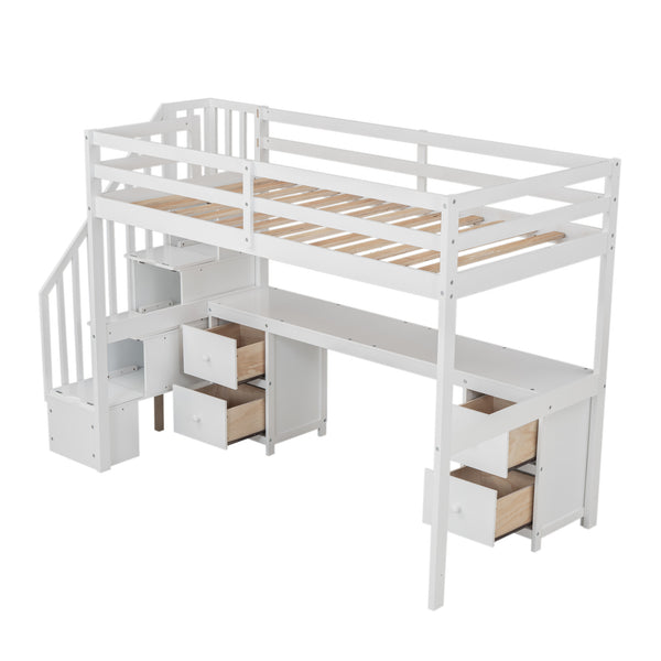 English Elm Twin Loft Bed with Built-In Desk and Double Storage Drawers, Pine & MDF Frame for Small Rooms White GX000382AAK