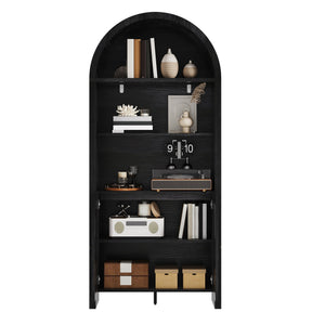 English Elm 71" Tall Farmhouse Bookshelf with Arched Top and Lower Cabinet, Rustic Slatted Doors, Sturdy Design Black T3771P371997