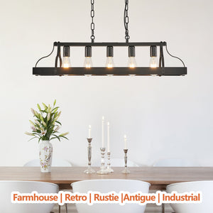 English Elm 34-Inch Industrial Pendant Light with 5 E26 Sockets, Adjustable Chain, Iron Linear Chandelier for Kitchen Matte Black W2312P374832