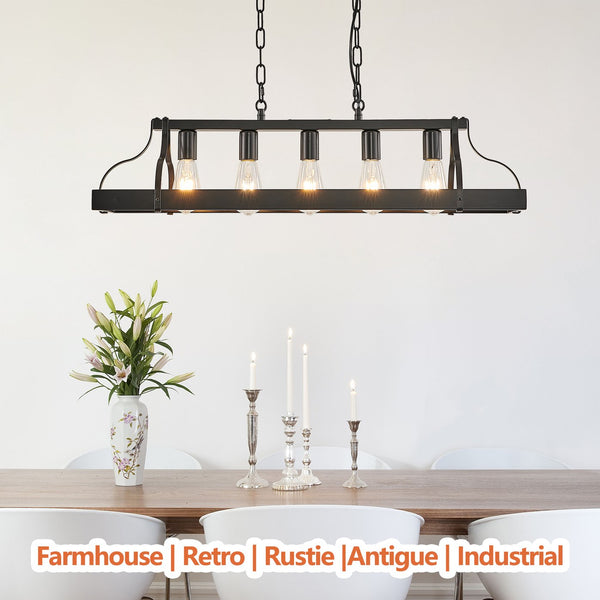 English Elm 34-Inch Industrial Pendant Light with 5 E26 Sockets, Adjustable Chain, Iron Linear Chandelier for Kitchen Matte Black W2312P374832