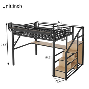 English Elm Full Loft Bed with Desk and Charging Station, Metal Loft with Stairs, Wardrobe, Shelves & Light Black W2580S00047