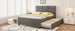 English Elm Queen Linen Upholstered Platform Bed with Brick Textured Headboard and Pull Out Trundle SF000004AAE-1
