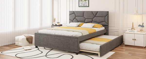 English Elm Queen Linen Upholstered Platform Bed with Brick Textured Headboard and Pull Out Trundle SF000004AAE-1