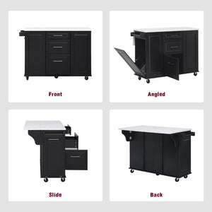 English Elm K&K Vintage Convex Kitchen Island Cart with Faux Marble Top, Tilt Trash, Pull-Out Organizer, Wheels Black N707P299008B