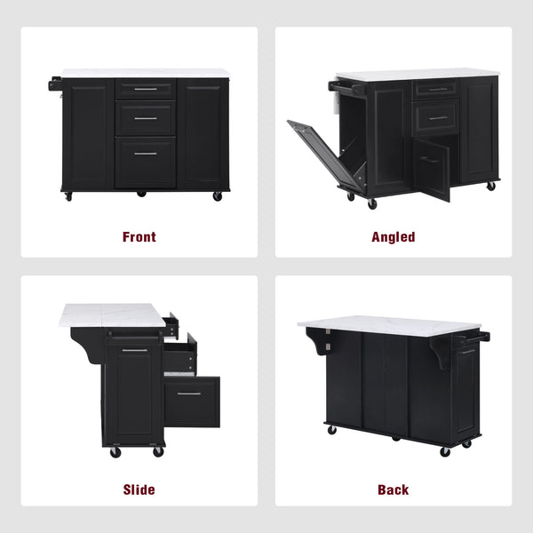 English Elm K&K Vintage Convex Kitchen Island Cart with Faux Marble Top, Tilt Trash, Pull-Out Organizer, Wheels Black N707P299008B