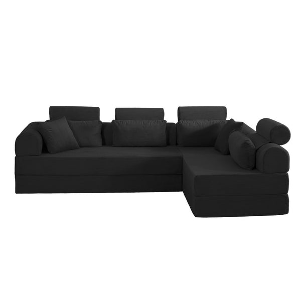 English Elm L Shaped Corduroy Sectional Sofa Converts to Sleeper Bed Space Saving Modular Couch Black W5532S00001