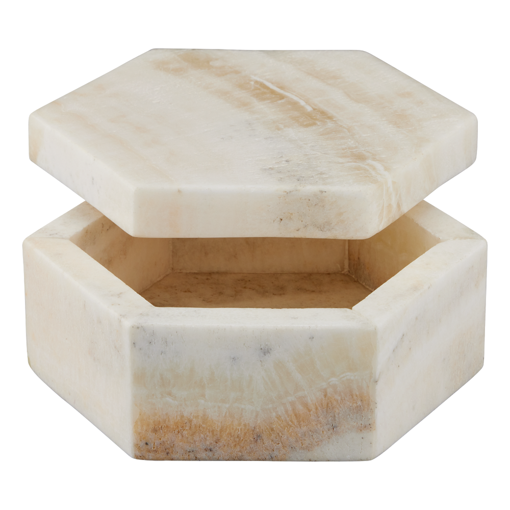 Arco Onyx Hexagon Box – Modern Decorative Accessory with Unique Natural Stone Variations, Ivory Finish