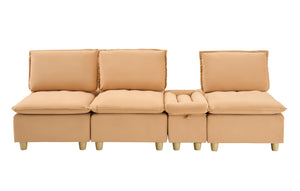 English Elm 104-inch pumpkin flannel three-seater sofa with storage cabinet, cup holders, adjustable backrest, comfy modern design Light Brown W1658S00095