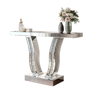 English Elm 43 Inch Mirrored Console Glam Sofa Table with Crystal Stone Inlaid Curved Legs W1445P370475