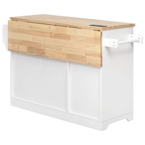 English Elm K&K Vintage Kitchen Island with Rubberwood Top, Hidden Wheels, Pull-Out Trash & Charging Station White N707P299014W
