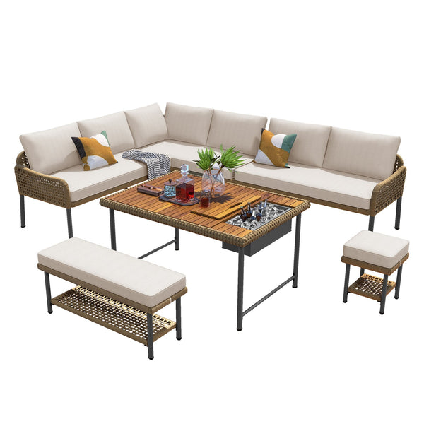 English Elm K&K 6-Piece Rope Patio L-Shaped Sectional Set with Acacia Wood Ice Box Table and Deep Cushions Beige+Brown N707S000014Z