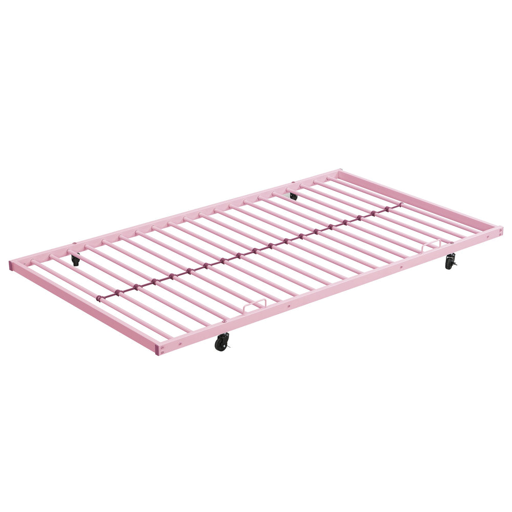 English Elm METAL Twin-Over-Twin Bunk Bed with Trundle Pink — Sturdy Steel Frame, Space-Saving, Quiet & Safe Steps W311P256413