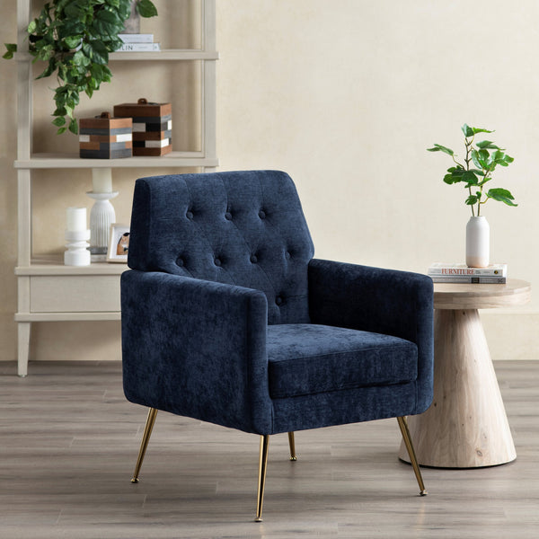 Crestview Collection Modern Accent Chair - Stylish Upholstered Furniture With Button Tufting And Gold Legs For Any Room Navy Polyester Evfzr4352cnvy