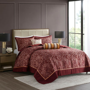 JLA Home Madison Park - 5 Reversible Jacquard Bedspread Set with Paisley Weave, Quilted Texture, Gold Piping & Pillows for Elegant Bedrooms 118 L x 102 W x 0.25H MP13-7962