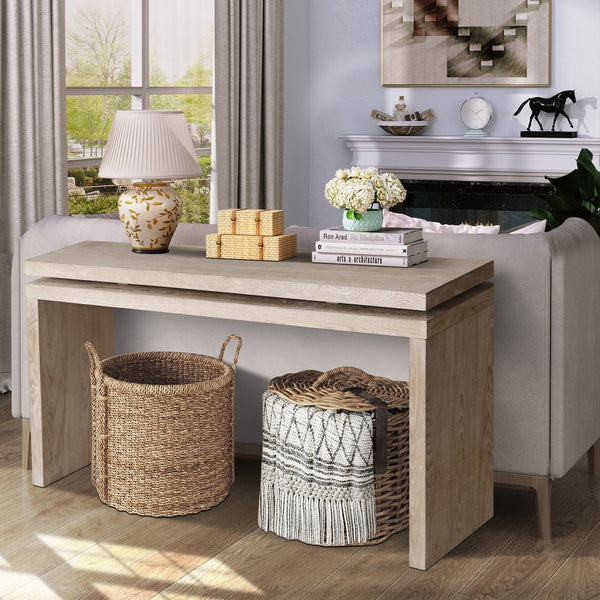 English Elm 60'' Rustic Farmhouse Console Table with Double Board Suspension, Solid Wood & MDF Entryway Accent Antique Natural,White Washed W1445P317057