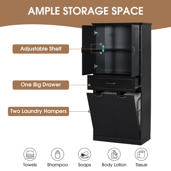 English Elm Christopher Knight Home® - Bathroom Storage Cabinet with Doors Drawer & Dual Laundry Baskets, MDF Build, Adjustable Shelf, Anti-Tip Device Black N759P243350B