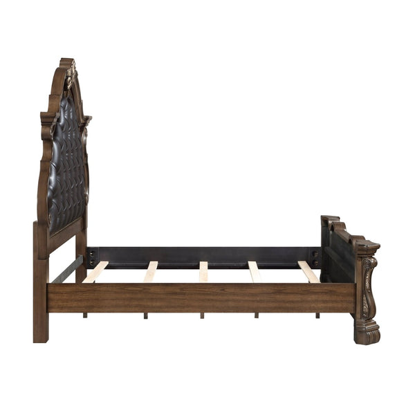 English Elm Formal Eastern King Bed Tufted Burl Veneer Frame with Gold Carved Detailing B011S02305