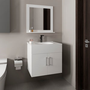English Elm Bathroom Vanity Sink & Mirror Set White — Engineered Wood, Compact 2-Door Cabinet, Open Shelf Storage B097P369439