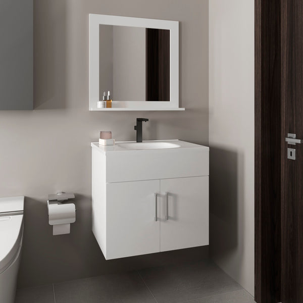 English Elm Bathroom Vanity Sink & Mirror Set White — Engineered Wood, Compact 2-Door Cabinet, Open Shelf Storage B097P369439