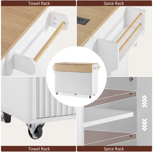 English Elm K&k Fluted Rolling Kitchen Island Faux Marble Top Power Outlet Storage Drawers White N707P353934W