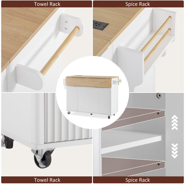English Elm K&k Fluted Rolling Kitchen Island Faux Marble Top Power Outlet Storage Drawers White N707P353934W