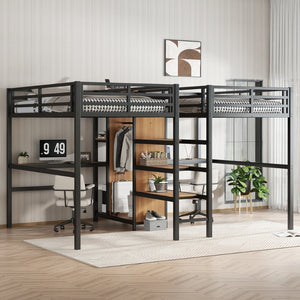 English Elm Twin Over Twin Metal Loft Bed With Double Desk, Wardrobe & Outlets For Ultimate Space Efficiency W1580S00115-GIGA