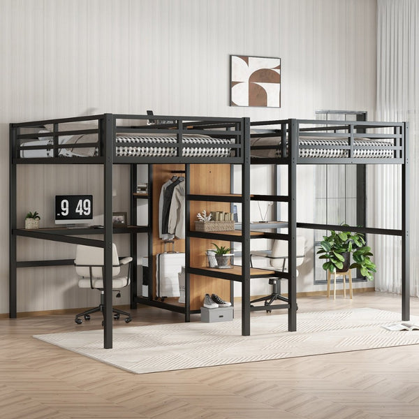 English Elm Twin Over Twin Metal Loft Bed With Double Desk, Wardrobe & Outlets For Ultimate Space Efficiency W1580S00115-GIGA