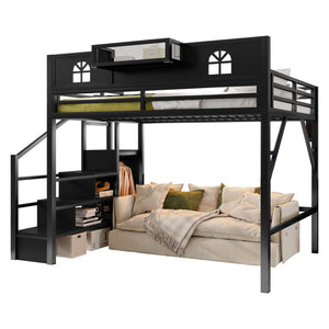 English Elm Metal Queen Loft Bed with L Shaped Desk Wardrobe Led Lighting and Usb for Teens Black W2593S00061