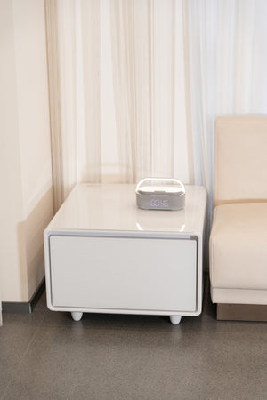 English Elm Modern Coffee Table with Built in Mini Fridge Power Outlets and Beverage Storage White W1172P483597