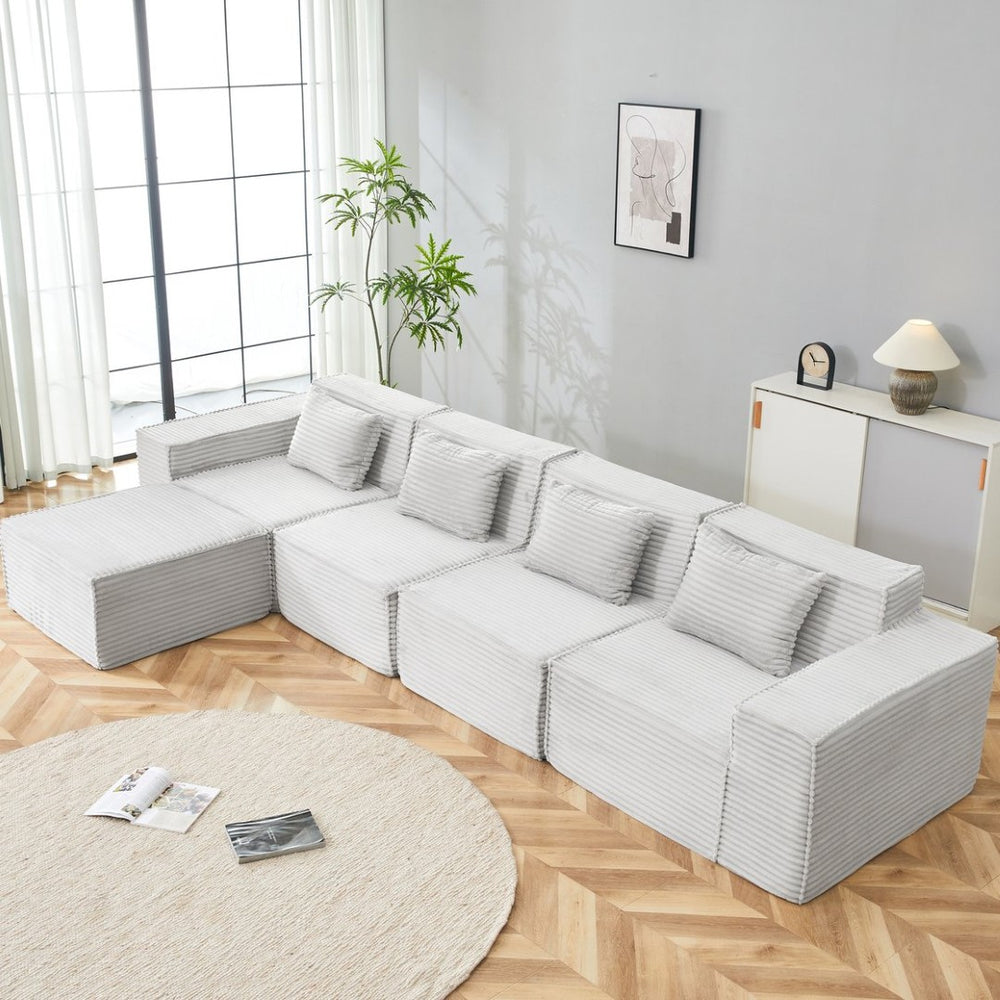 English Elm L-shaped Modular Sectional with Ottoman Corduroy Upholstery Four Seat Living Room Sofa Light Gray W2699S00093