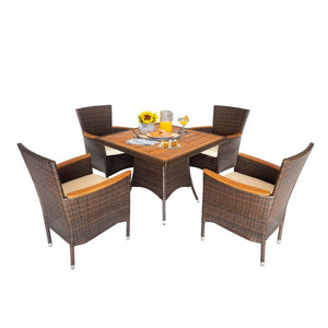 English Elm 5-piece Outdoor Dining Set Pe Rattan Armchairs with Acacia Wood Square Table Brown B082S00066